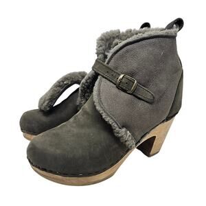 No. 6 Wooden Swedish Clog 37 Ankle Boot Shearling Interior Green Gray Cottage